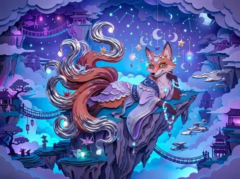 Whimsical portrait of a mythical nine-tailed fox spirit lounging midair across t - AI生成图片 3