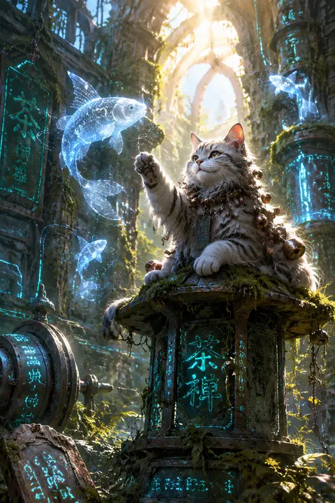 A jubilant tea-house cat with polished silver eyes and a cascade of tiny copper - AI生成图片 1