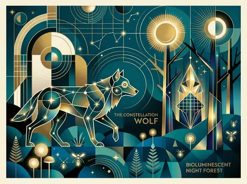 A joyful sun-drenched bauhaus geometric poster of a wolf formed from glowing con - AI生成图片 3