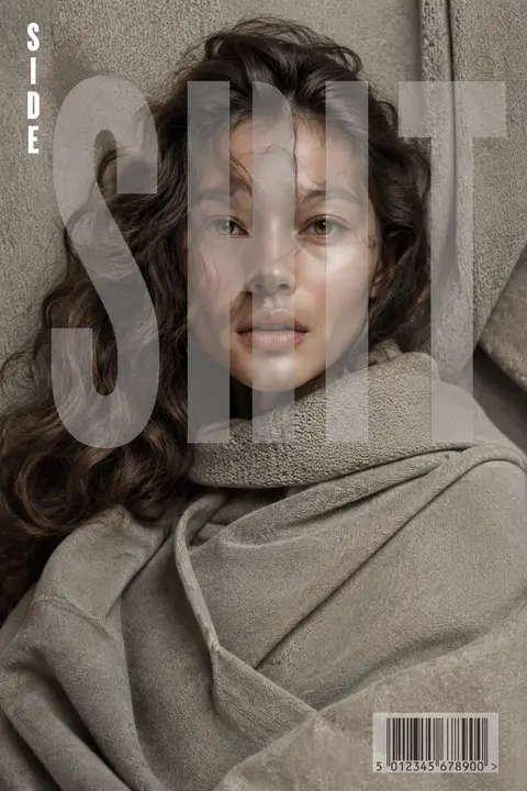 时尚杂志封面摄影，正面特写一位年轻女性模特，棕色微卷蓬松长发，冷静直视镜头，肤色自然细腻，淡雅裸妆，杏仁形眼睛，柔和高光，嘴唇微张；全身被米灰色粗织面料与围裹式 - AI生成图片 2