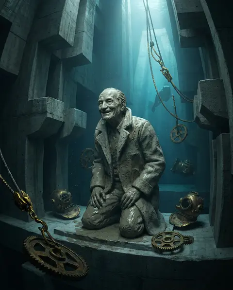 Brutalist concrete render of an elderly fisherman in a sunless underwater abyss, - AI生成图片 1