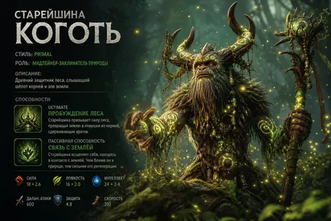 СТАРЕЙШИНА КОГОТЬ — Стиль: PrimalРоль: Мидлейнер-заклинатель природы | Внешность - AI生成图片 2
