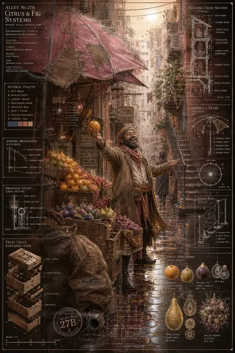 a jubilant market fruit vendor in a rain-soaked back alley, rendered as an ultra - AI生成图片 2