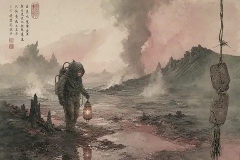 a deep-sea diver adrift through a volcanic wasteland, rendered as a traditional - AI生成图片 2