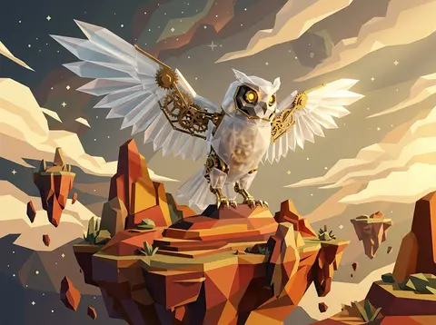 A monumental clockwork owl forged from frosted crystal, perched above floating s - AI生成图片 1
