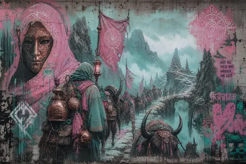 A melancholic desert caravan of cloaked wanderers winding through a fog-choked a - AI生成图片 2