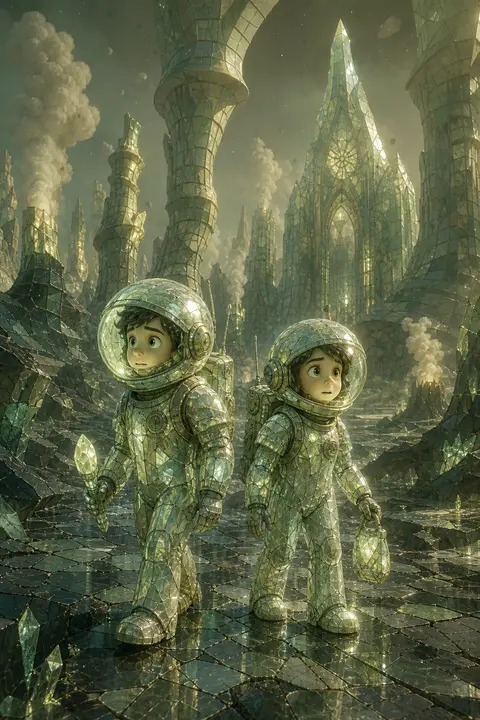 two twin astronaut explorers with subtly mismatched silhouettes, wandering acros - AI生成图片 2
