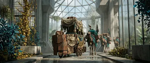 一支沙海游 caravan 在通透温室中静默穿行，正午阳光穿过高耸玻璃穹顶与凝结水汽，照亮由锈蚀铁板、铆钉、链环和古旧金属框架拼接而成的迁徙队列；领队不是人物而 - AI生成图片 2