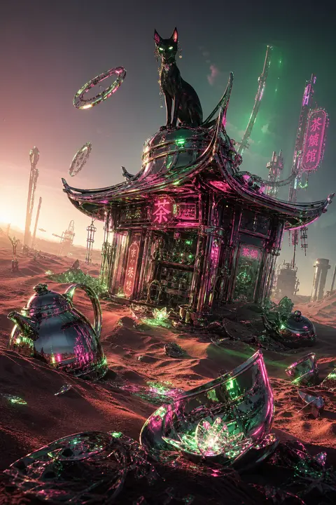 一只神秘的茶馆猫立于黎明沙海中的半埋式流动茶亭顶端，身形修长，耳尖挂着细小金属铃，双眼映出冷冽荧光；整座茶亭仿佛由抛光铬金属折叠而成，像古老茶室与未来机械祭坛融 - AI生成图片 3