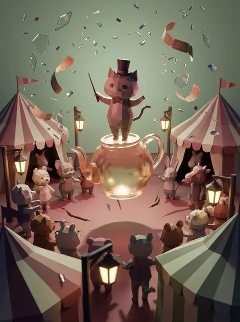 tea-house cat conducting a midnight carnival from a floating translucent resin t - AI生成图片 3