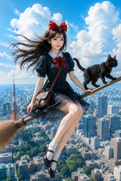 主題： 空の便 人物・表情： 20代女性。赤い大きなリボンを頭につけ、暗めのブラウンロングヘアが上空の風で画面左へ大きく流れている。清潔感のある日系メイク、自 - AI生成图片 1