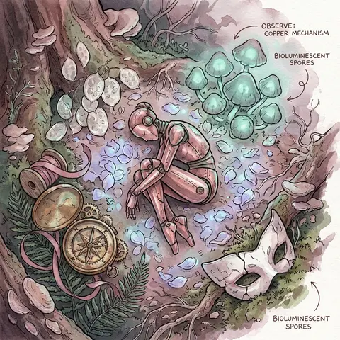 Top-down flat lay of a bioluminescent night forest clearing arranged like a ritu - AI生成图片 2