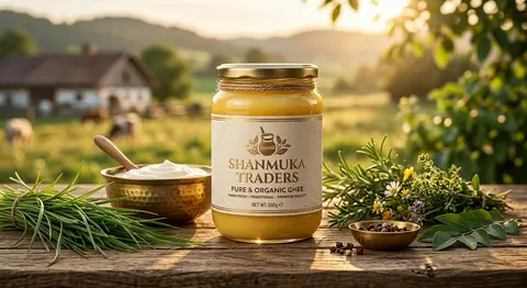 Create a premium brand visual for `ShanmukaTraders`, a pure and organic ghee man - AI生成图片 2