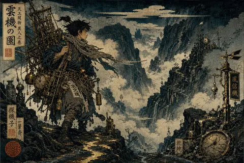 A young tinkering inventor braces on a narrow mountain pass swallowed by rolling - AI生成图片 2