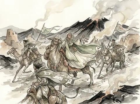 A sweeping watercolor storybook scene of a fiercely elegant desert nomad caravan - AI生成图片 3