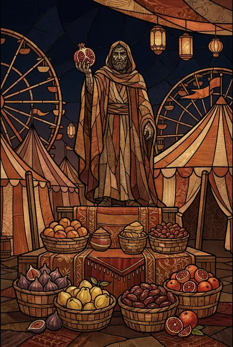A towering fruit vendor with a wind-carved face stands atop a midnight carnival - AI生成图片 2