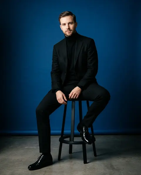 Hyper-realistic luxury studio full-body portrait of a confident young man seated - AI生成图片 1
