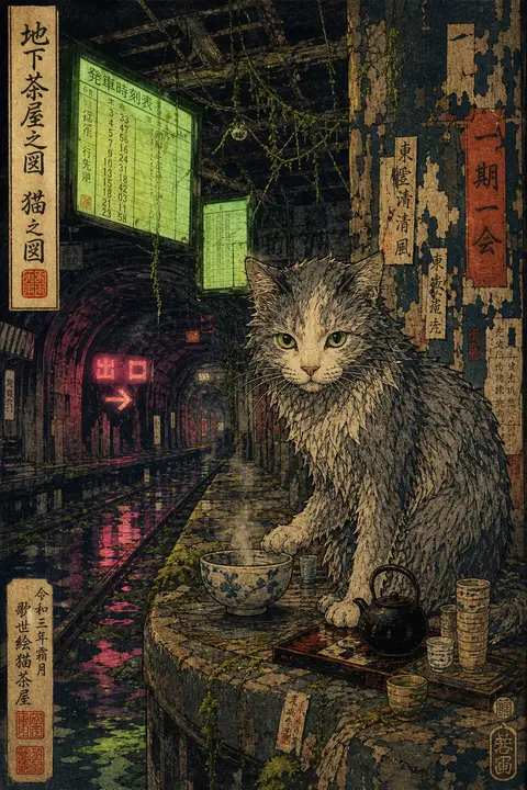 tea-house cat pausing in a hush of private ritual on an abandoned subway platfor - AI生成图片 2
