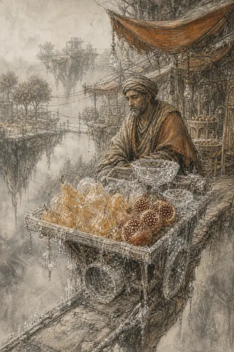 charcoal sketch of a melancholic market fruit vendor on floating sky islands, ba - AI生成图片 1