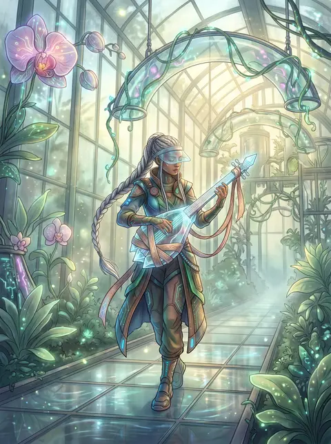 A solitary wandering street musician with silver-thread braids and a translucent - AI生成图片 2