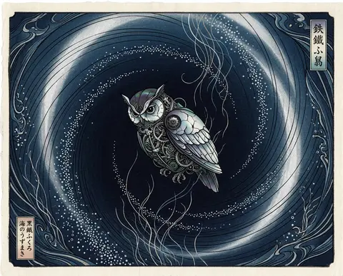 An intimate ukiyo-e woodblock print of a clockwork owl suspended in an underwate - AI生成图片 4