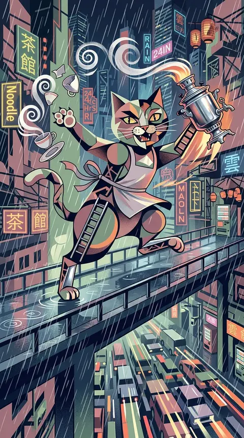 A frenzied tea-house cat vaults across a rain-slick skybridge in a colossal neon - AI生成图片 3