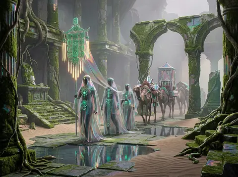 Dreamlike serene editorial tableau of a desert nomad caravan winding through anc - AI生成图片 1