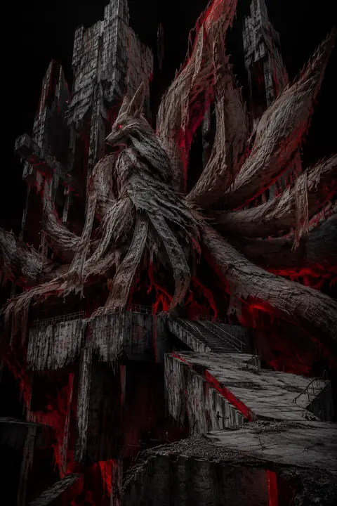 A colossal nine-tailed fox spirit ascends across fractured floating sky islands, - AI生成图片 1