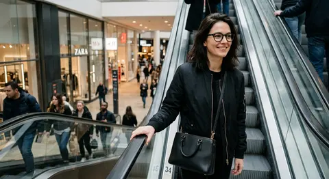 Photorealistic smartphone candid of Selene Voss riding an escalator, preserving - AI生成图片 2