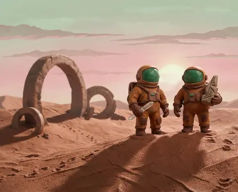 Twin astronaut explorers standing atop a wind-chiseled dune at first light, rend - AI生成图片 1