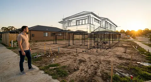 一张超写实、电影感十足的建筑概念摄影作品：黄昏日落中的郊区住宅开发区，画面左侧人行道边站着城市规划顾问 Adrian Vale，三十多岁，短发，穿浅棕色 Pol - AI生成图片 2