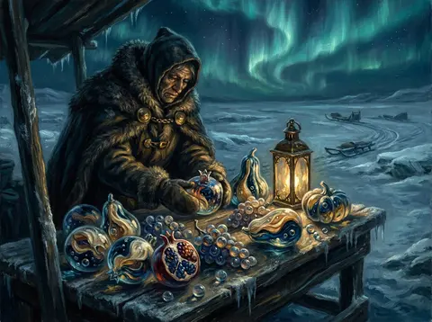 Baroque oil painting of a market fruit vendor on a frozen tundra beneath ripplin - AI生成图片 1