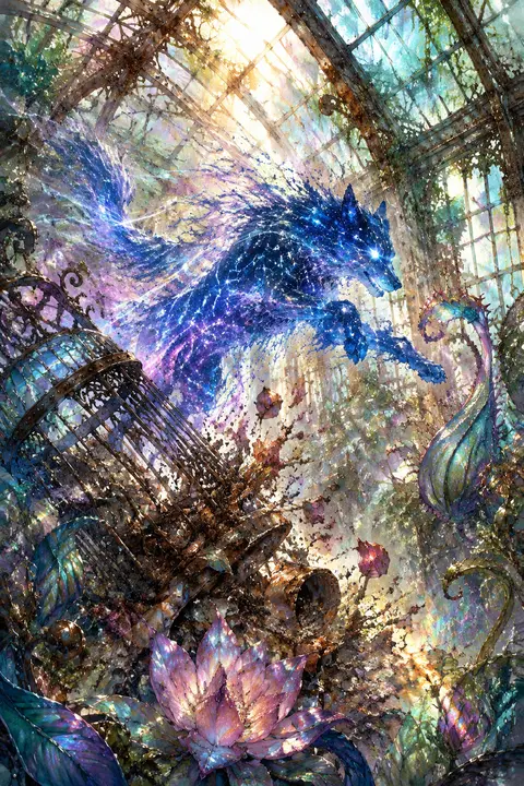 竖版 9:16，水彩故事书插画风格，一座被正午阳光灌满的玻璃温室里，场景像失控的诗意风暴：一只由星群与细碎银河连缀而成的狼正从翻倒的锈蚀铁花架间跃起，身躯由发光 - AI生成图片 3