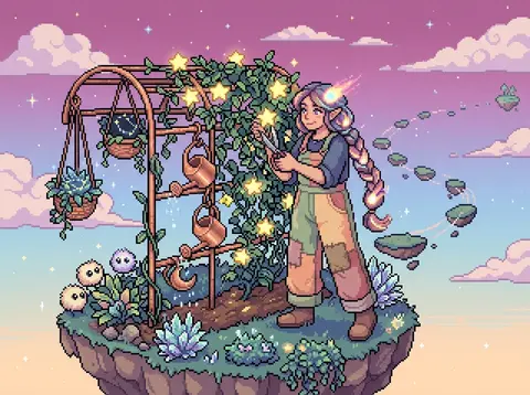 16-bit pixel art scene of a celestial gardener with comet-braid hair and oversiz - AI生成图片 3