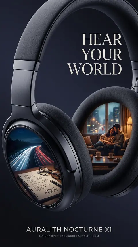 A premium 9:16 audio advertising poster featuring the `Auralith Nocturne X1`, a - AI生成图片 1