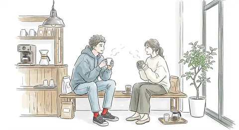 极简日系手绘插画风，大片白色留白背景，淡雅安静的咖啡馆室内一隅，以黑色细线随性勾勒，像速写结合轻薄水彩晕染；整体气质温柔、宁静、生活化，带有清新治愈的日常漫画插 - AI生成图片 1