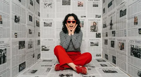 一张超写实、时尚 editorial 风格的人像摄影：一位年轻东亚女性坐在一个狭小封闭的“报纸房间”中央，地面、四面墙壁和天花板全部被密密麻麻的英文报纸整齐贴满 - AI生成图片 1