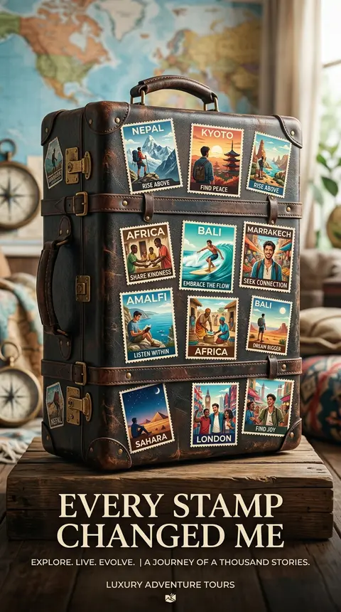A premium 9:16 travel advertising poster.Main Subject: A luxury suitcase covered - AI生成图片 2