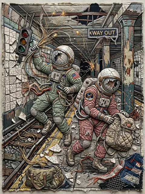 Two twin astronaut explorers on a derelict underground train platform, rendered - AI生成图片 2