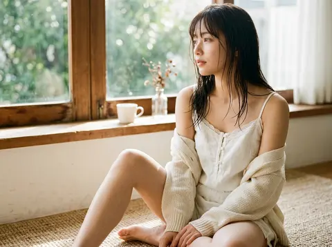 主題： 濡れ髪に朝光 主体： 白いルームウェア姿の成人女性が、明るい窓辺のラグに座っている縦長ポートレート。人物は画面中央からやや右に大きく配置し、頭頂から太 - AI生成图片 2