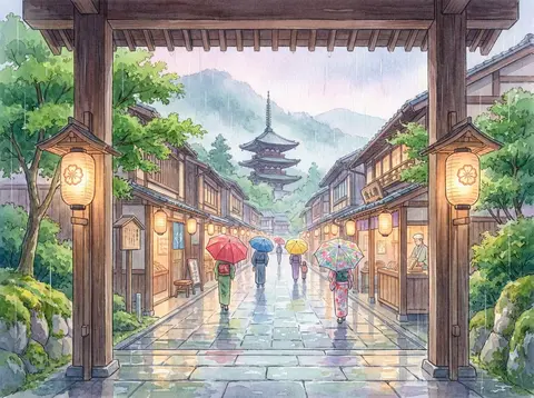 A serene rainy day in a traditional Japanese town, with a temple street leading - AI生成图片 2