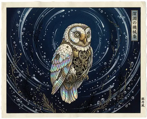 An intimate ukiyo-e woodblock print of a clockwork owl suspended in an underwate - AI生成图片 2