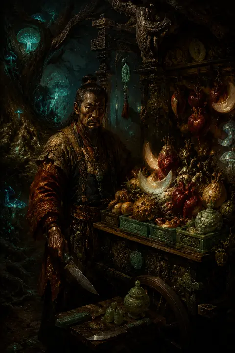 A tense cinematic baroque oil painting of a weathered fruit vendor standing in a - AI生成图片 2