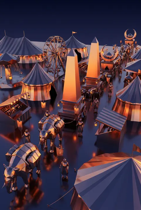 A colossal desert nomad caravan surges through a midnight carnival like a moving - AI生成图片 1