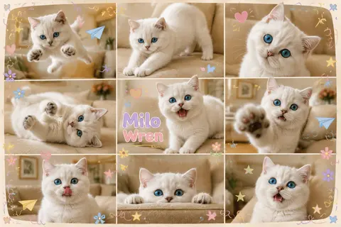 A playful snow-white British Shorthair kitten named `Milo Wren`, with luminous s - AI生成图片 2