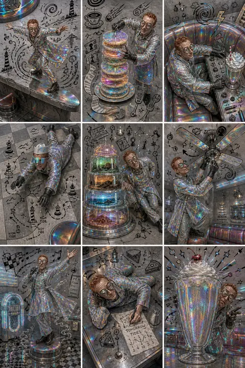 9-panel square collage, the same eccentric lighthouse keeper repeated across eve - AI生成图片 2