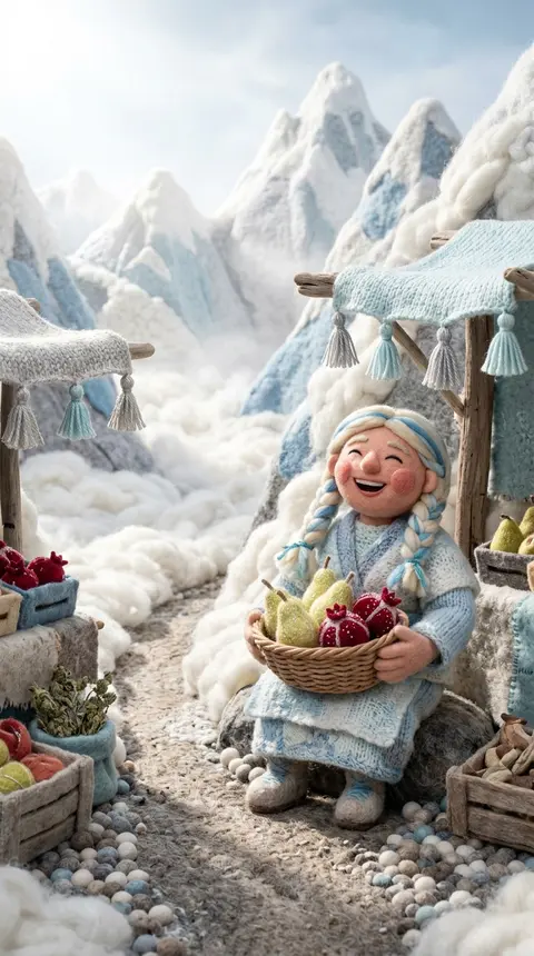 A jubilant claymation stop-motion tableau of a fictional fruit seller perched be - AI生成图片 4