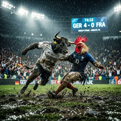 A surreal, high-intensity football match unfolds in a rain-drenched stadium wher - AI生成图片 3