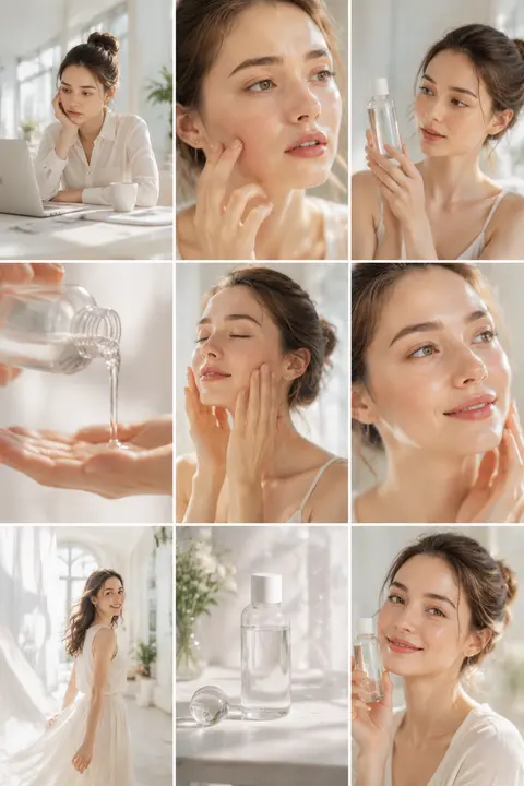 Create a clean, bright skincare commercial storyboard in a 16:9 layout with 9 pa - AI生成图片 3