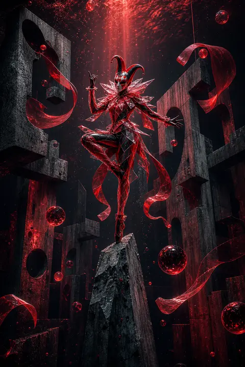 Full-body portrait of a masked carnival acrobat balancing weightlessly atop a ja - AI生成图片 1